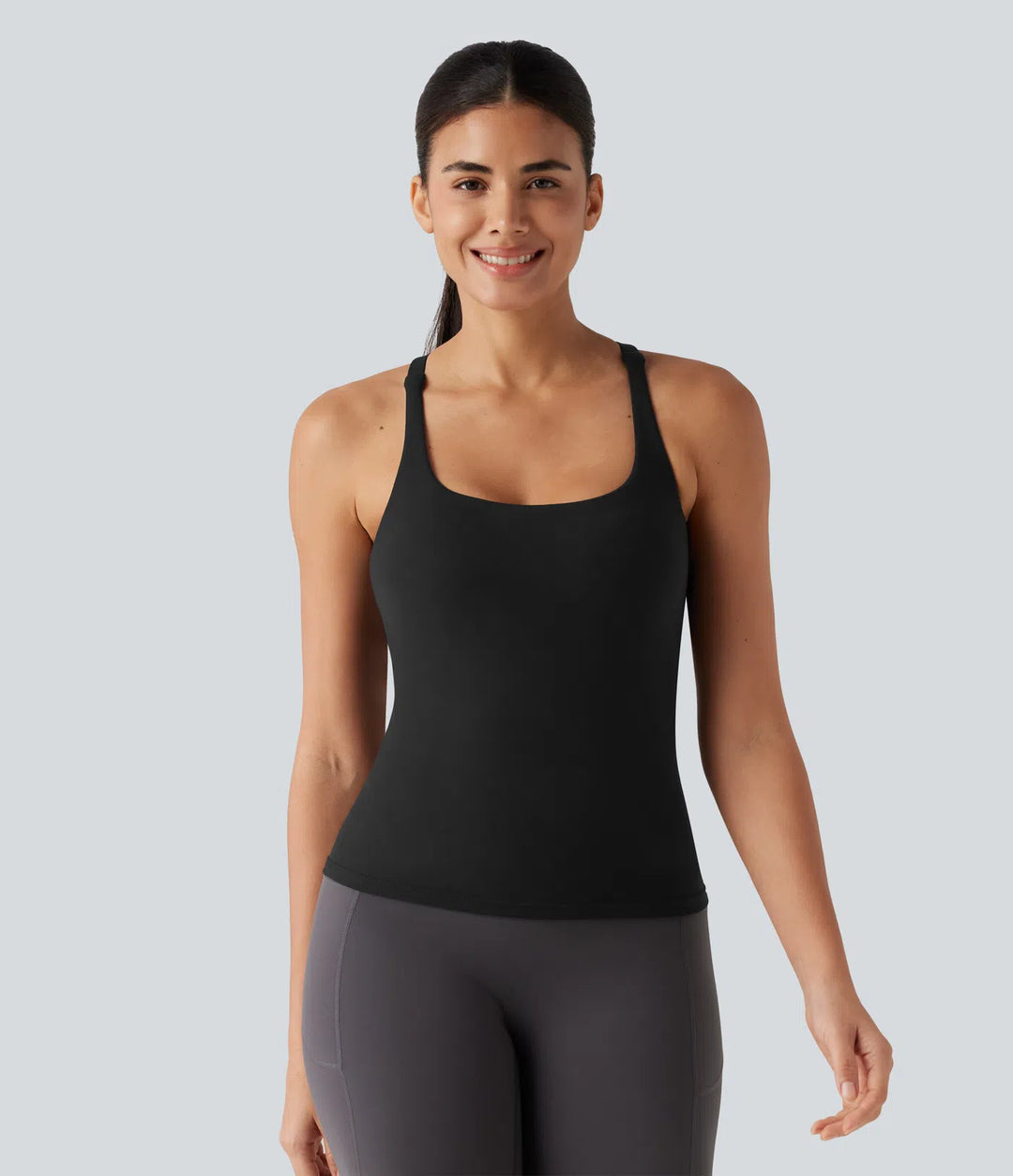Crisscross Backless Built-in Bra Running Tank Top-Longer Length A-D Cups
