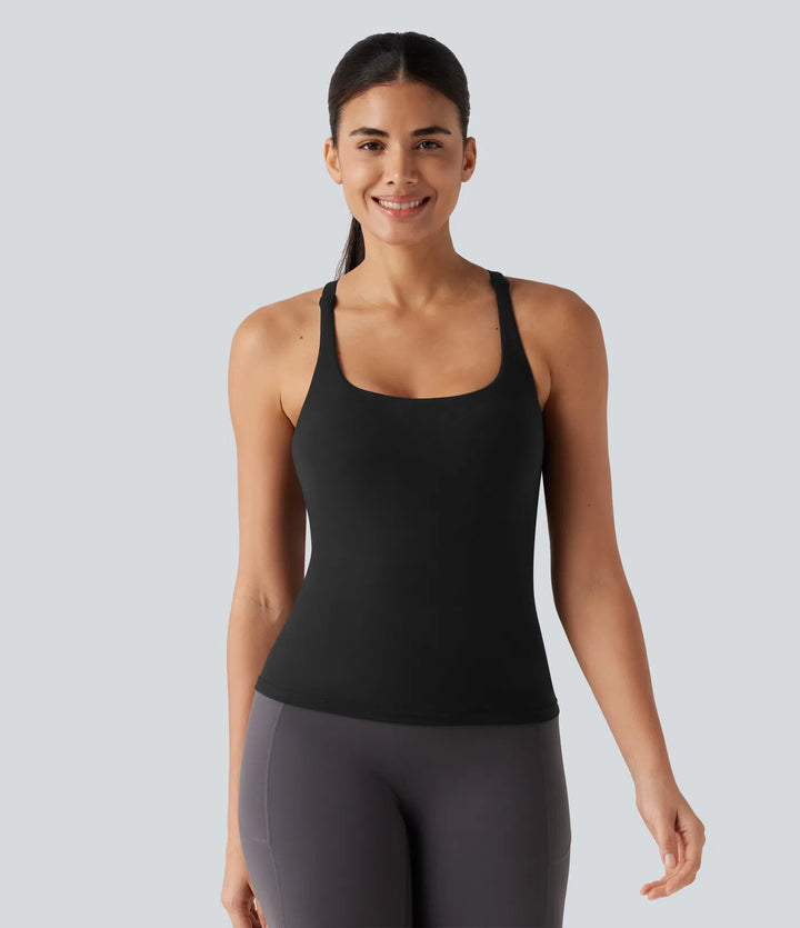 Crisscross Backless Built-in Bra Running Tank Top-Longer Length A-D Cups