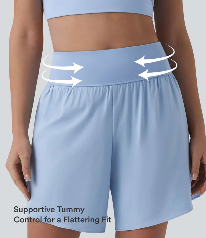 SoftlyZero QuickDry High Waisted Tummy Control Reflective Dots Crossover Hem 2-in-1 Running Shorts 7&