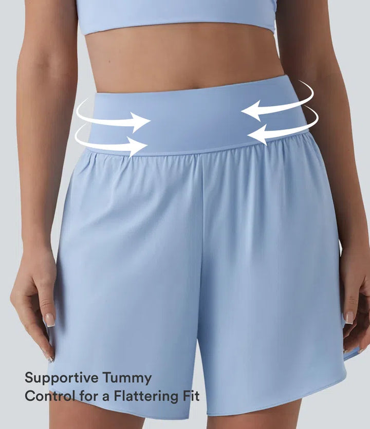 SoftlyZero QuickDry High Waisted Tummy Control Reflective Dots Crossover Hem 2-in-1 Running Shorts 7&