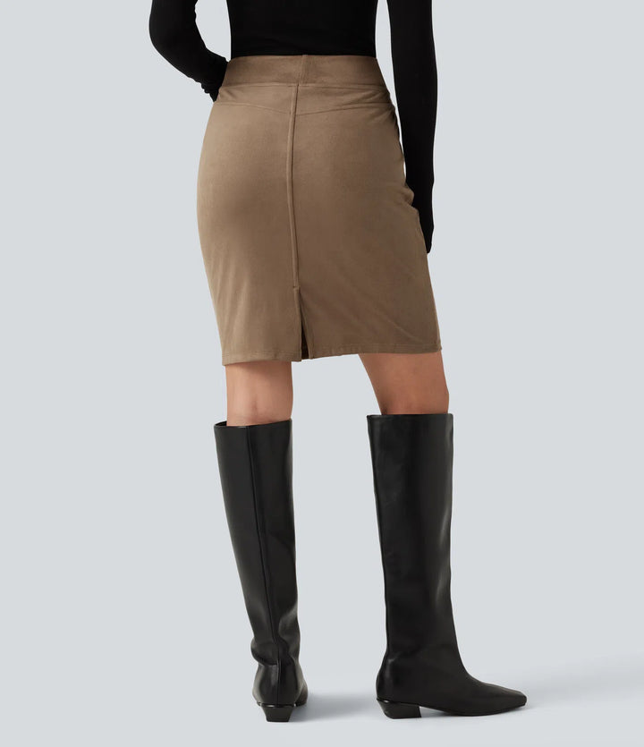High Waisted Bodycon Suede Mini Party Skirt with Pockets