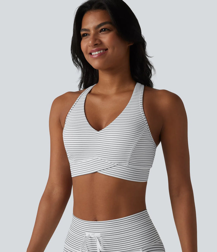 Medium Support V Neck Built-in Bra Racerback Stripe Training Sports Bra