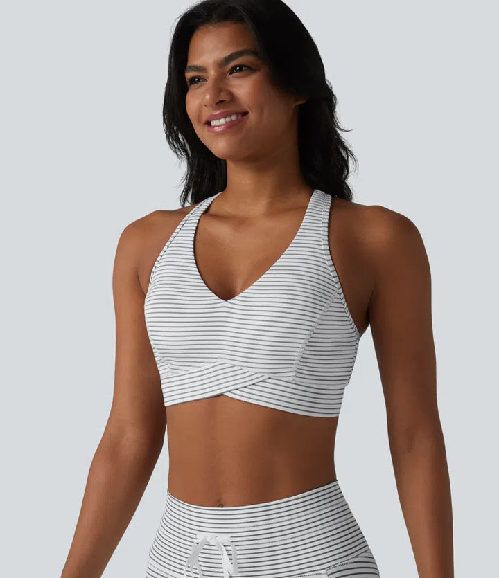 Medium Support V Neck Built-in Bra Racerback Stripe Training Sports Bra