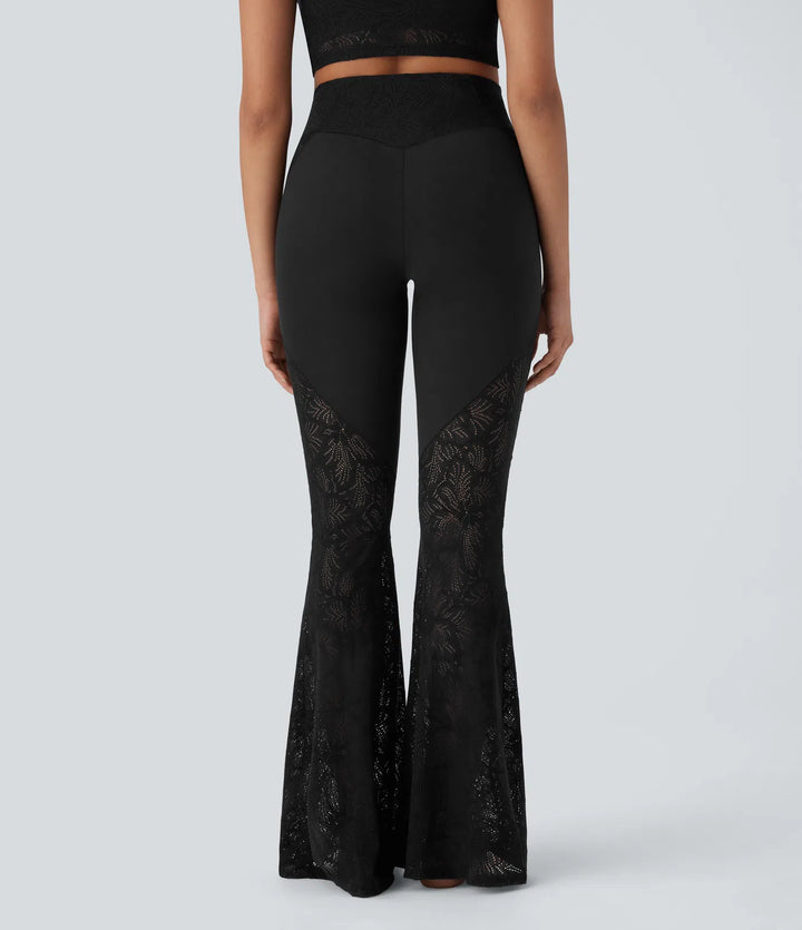 SoftlyZero High Waisted Crossover Pocket Contrast Lace Flare Yoga Leggings