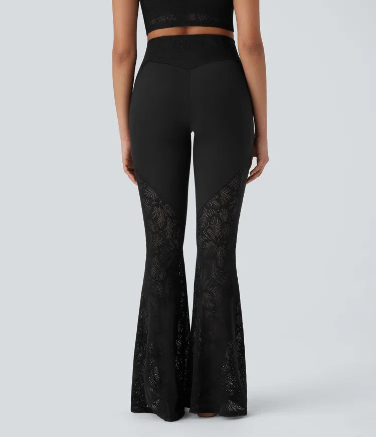 SoftlyZero High Waisted Crossover Pocket Contrast Lace Flare Yoga Leggings