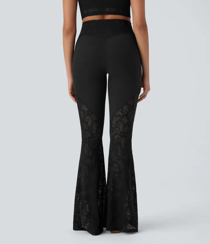 SoftlyZero High Waisted Crossover Pocket Contrast Lace Flare Yoga Leggings