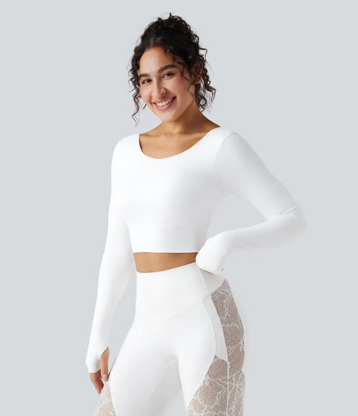 SoftlyZero Push-Up Long Sleeve Thumb Hole Contrast Lace Cropped Yoga Sports Top