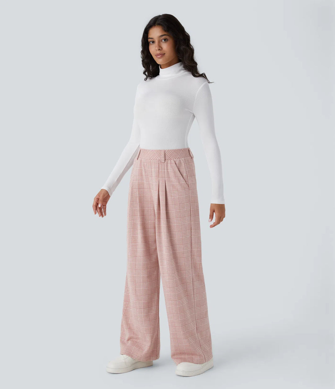 High Waisted Pocket Wide Leg Baggy Houndstooth Plaid Casual Pants
