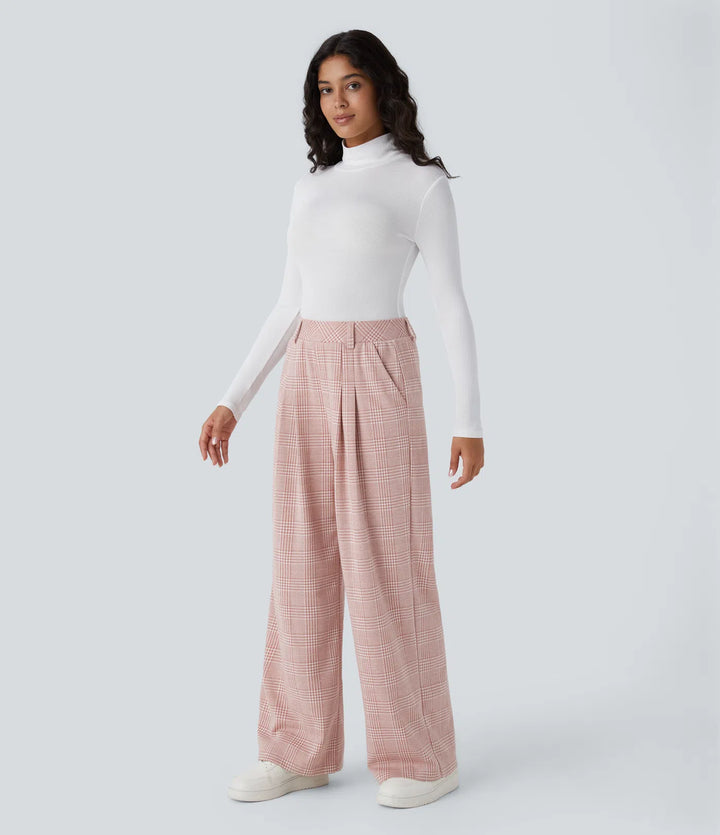 High Waisted Pocket Wide Leg Baggy Houndstooth Plaid Casual Pants