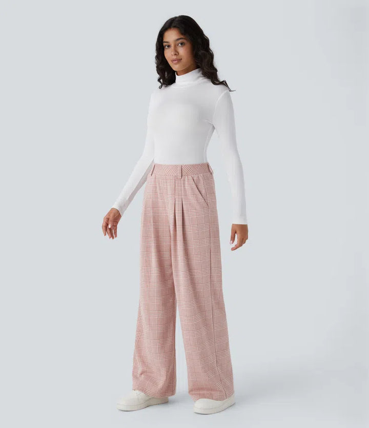High Waisted Pocket Wide Leg Baggy Houndstooth Plaid Casual Pants