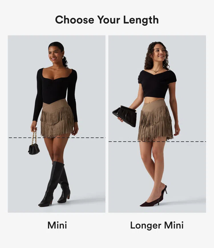 Crossover High Waisted 2-in-1 Fringe Hem Bodycon Mini Suede Party Skirt