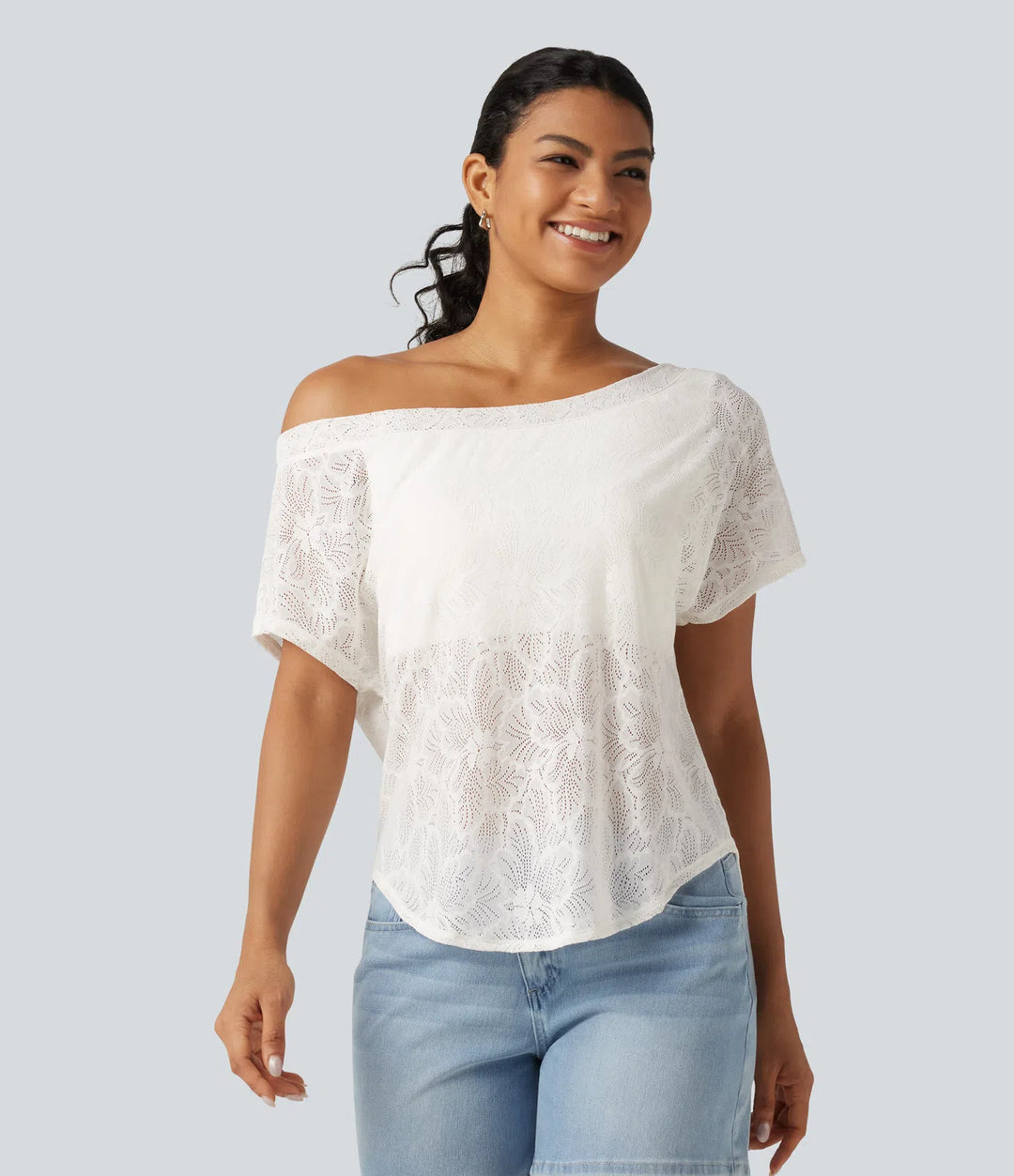 One Shoulder Short Sleeve Built-in Bra Curved Hem High Low Lace Casual Top