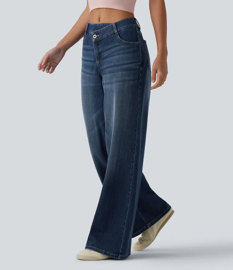 Halara Flex Asymmetric Mid Rise Wide Leg Casual Jeans with Pockets