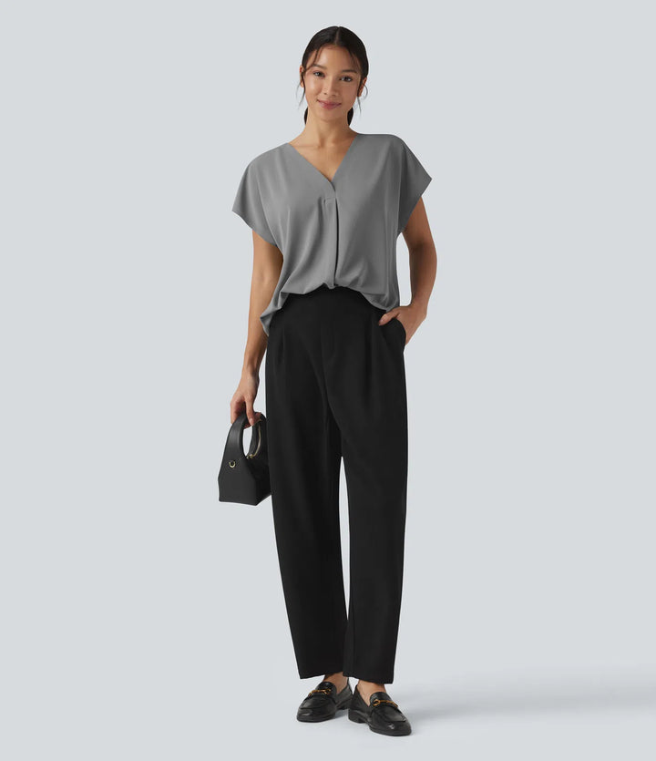 Wrinkle Recovery V-neck Short Sleeve Oversized Work Blouse