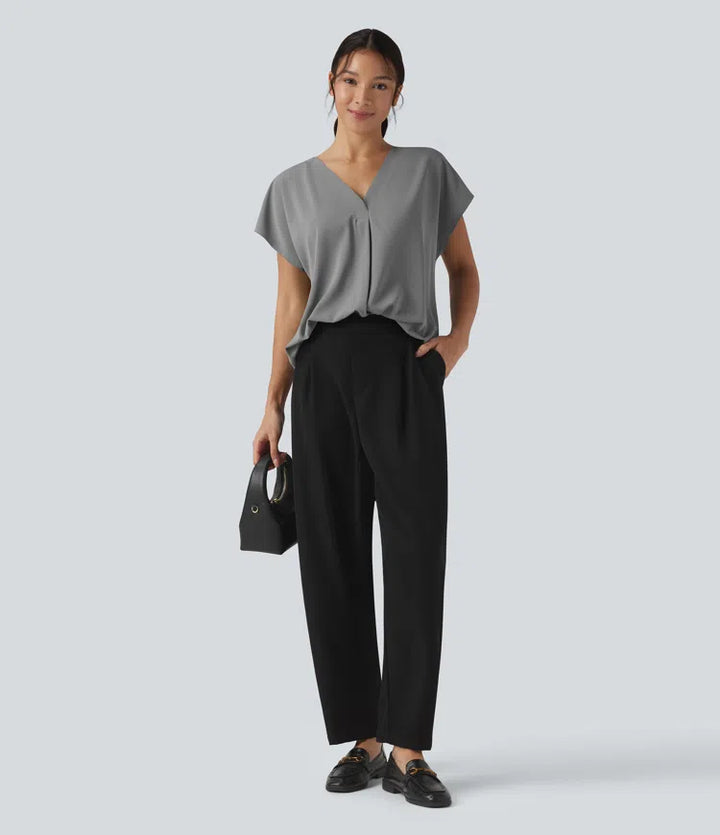 Wrinkle Recovery V-neck Short Sleeve Oversized Work Blouse