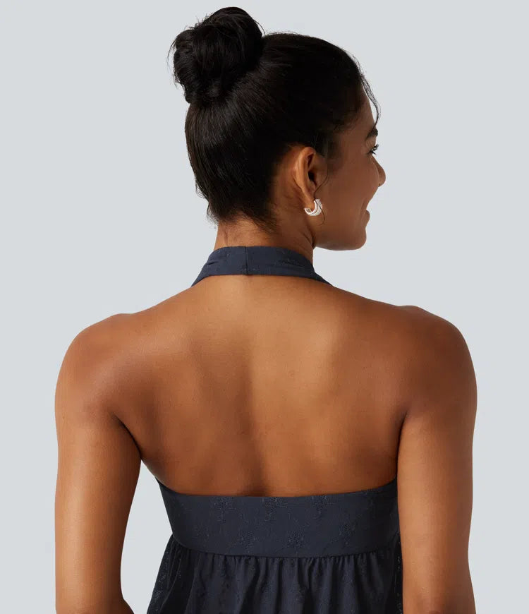 Halter Backless Ruffle Hem Built-in Bra Casual Lace Blouse