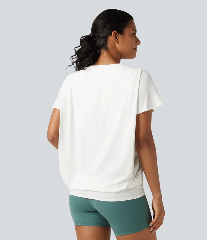 Round Neck Short Sleeve Ruched InstantCool Yoga Sports Top-Longer Length-UPF50+