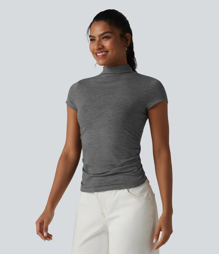 Mock-neck Short Sleeve Ruched Casual T-Shirt