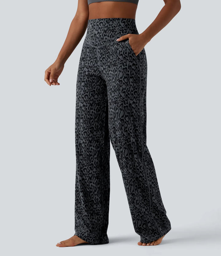 Halara UltraSculpt Leopard Print High Waisted Tummy Control Straight Leg Yoga Pants with Pockets