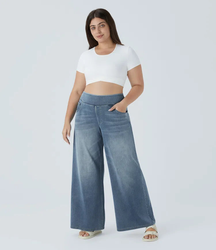 Halara Flex High Waisted Pockets Baggy Wide Leg Washed Casual Plus Size Jeans