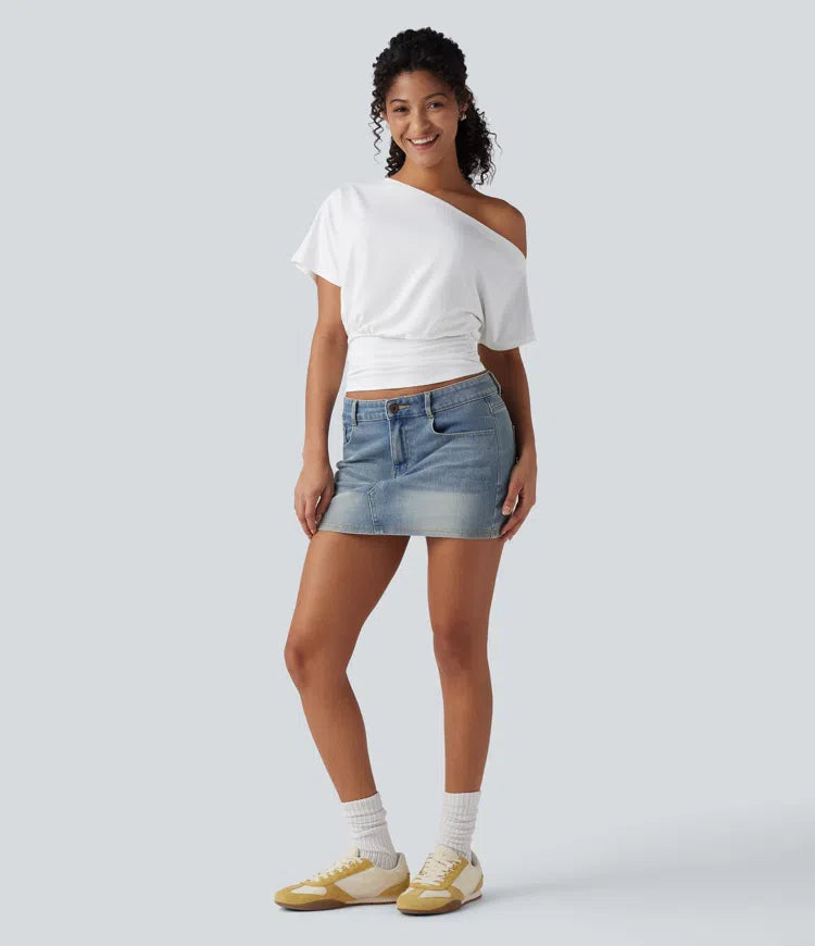 One Shoulder Short Sleeve Ruched Casual Top