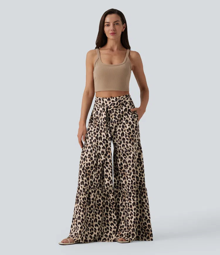 Mid Rise Tie Front Baggy Leopard Print Casual Pants with Pockets
