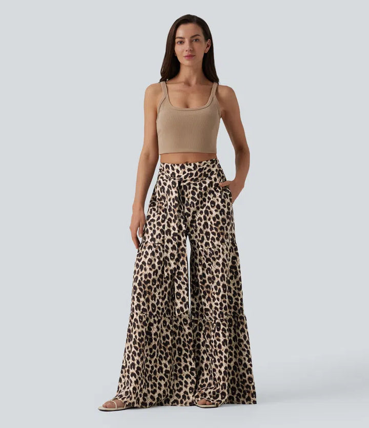 Mid Rise Tie Front Baggy Leopard Print Casual Pants with Pockets