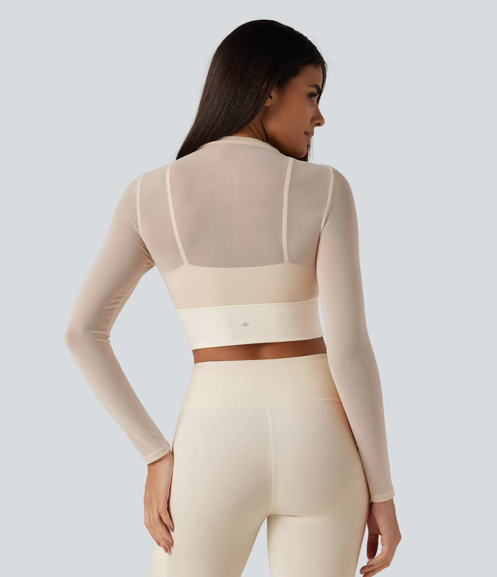 Mock Neck Long Sleeve Non-Removable Pad Mesh Cropped Yoga Sports Top