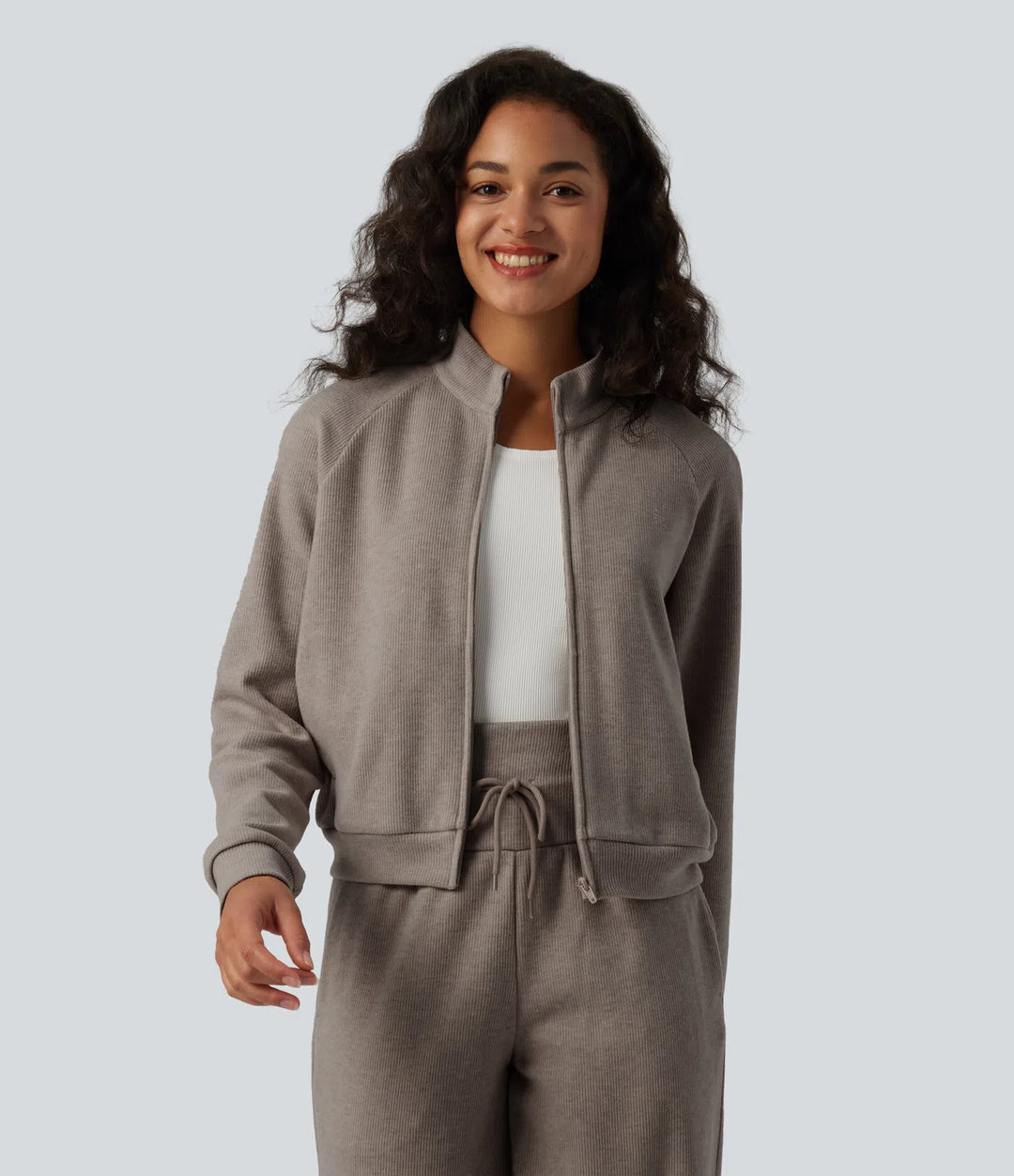 Ribbed Stand Collar Long Sleeve Zipper Casual Jacket with Pockets