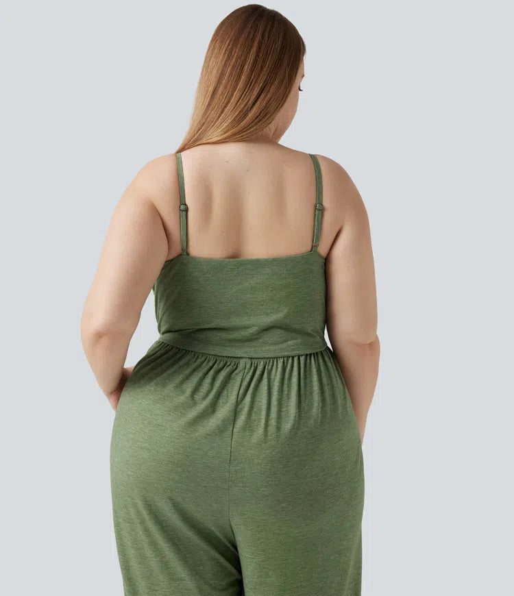 Plus Size Built-in Bra Ruched Wide Leg Heathered Casual Jumpsuit with Pockets-Easy Peezy Edition