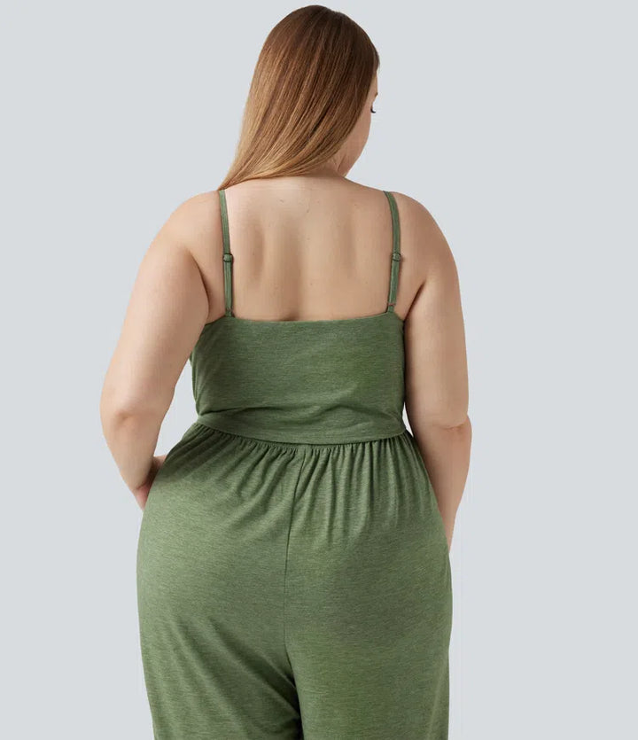 Plus Size Built-in Bra Ruched Wide Leg Heathered Casual Jumpsuit with Pockets-Easy Peezy Edition