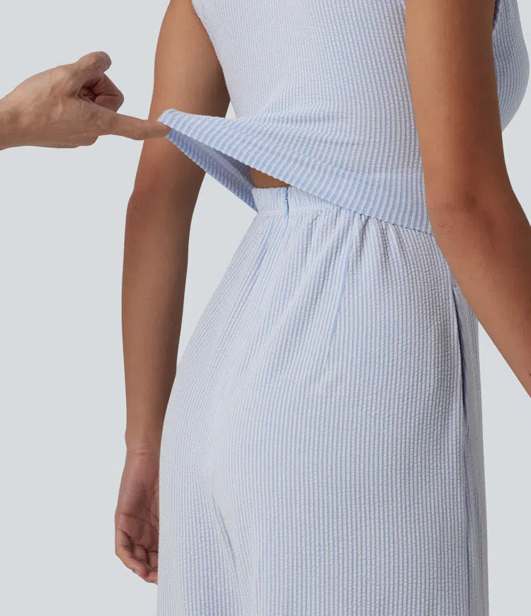 V Neck Sleeveless Built-in Bra Stripe Casual Jumpsuit with Pockets-Easy Peezy Edition