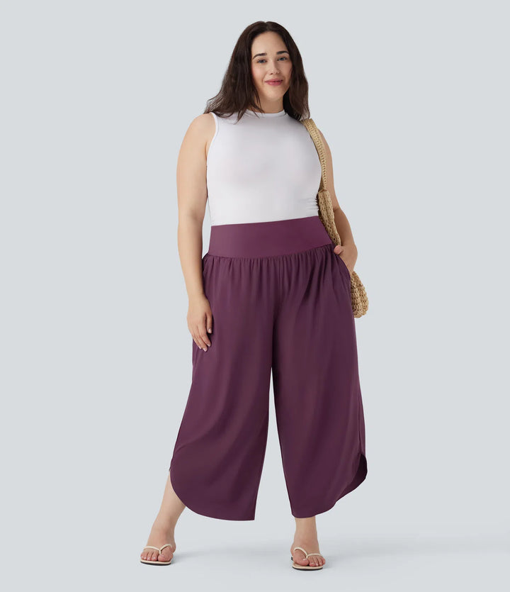 Plus Size Breezeful High Waisted Tummy Control Hem Quick Dry Pants with Pockets