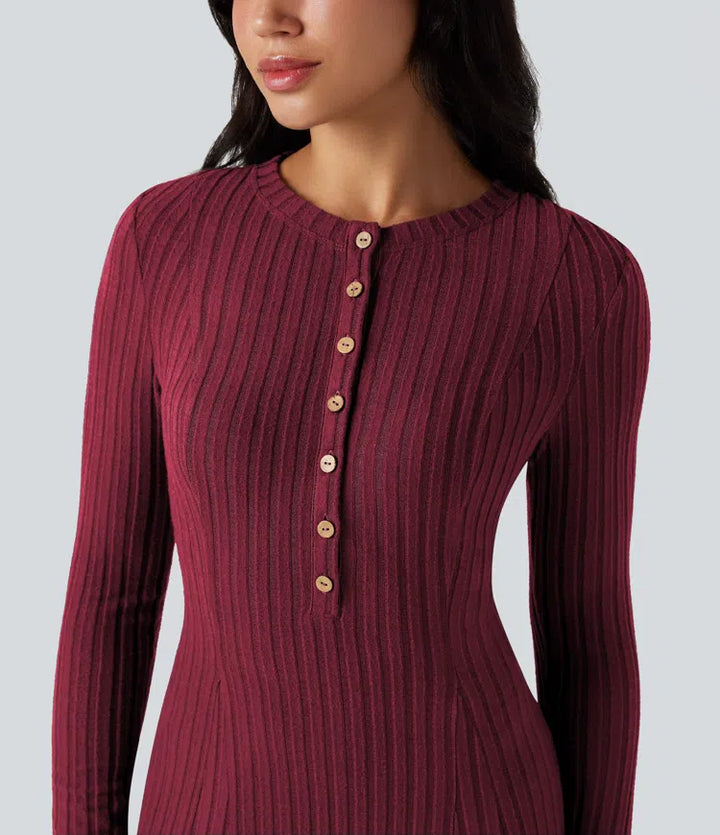 Ribbed Knit Henley Neck Long Sleeve Flowy Maxi Casual Dress