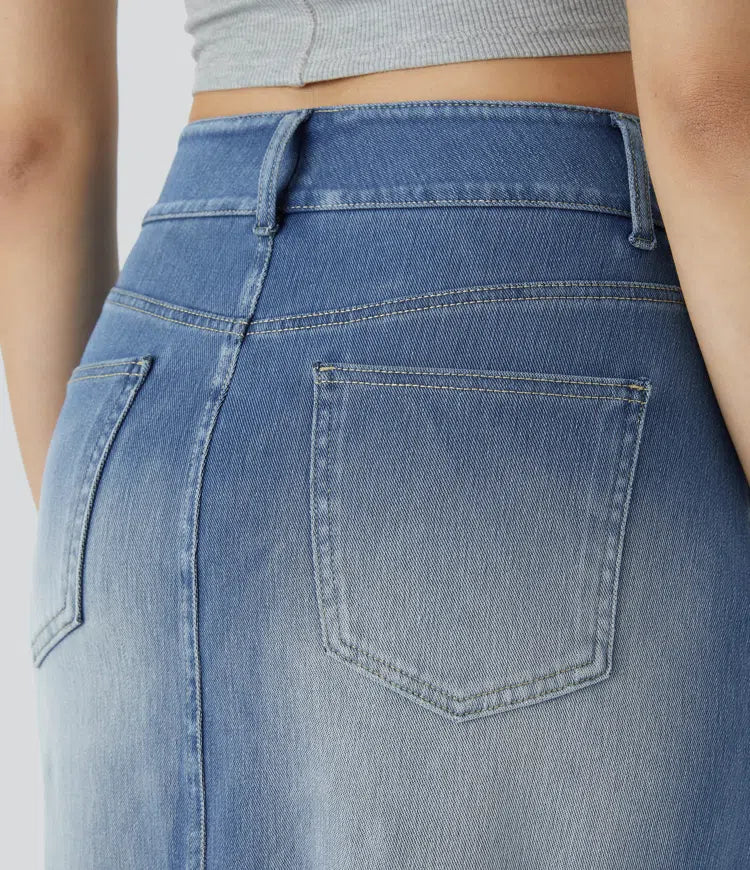 Halara Flex High Waisted Pockets Bodycon Washed Denim Casual Midi Skirt