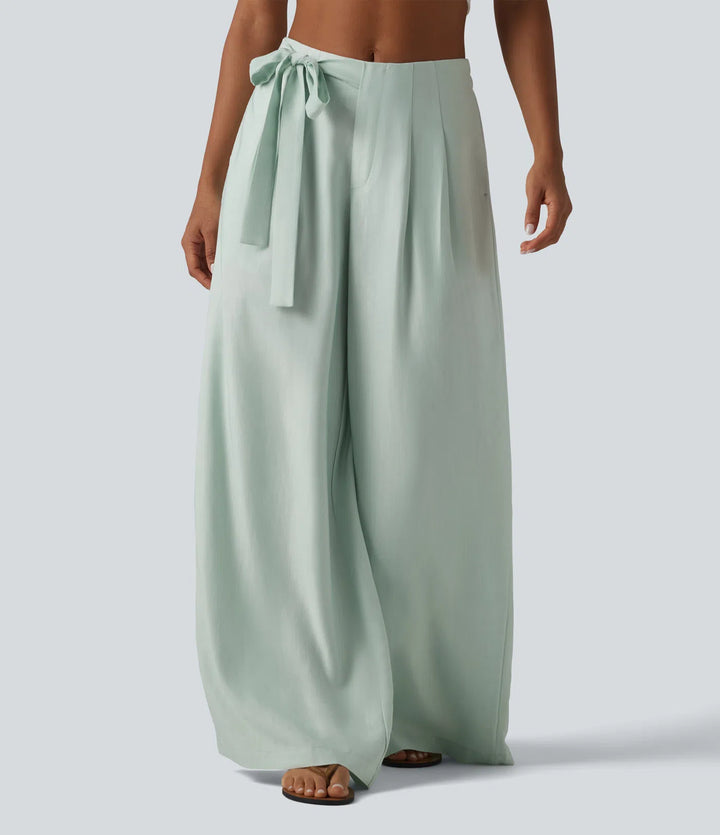 High Waisted Tie Side Baggy Linen-Blend Pants with Pockets
