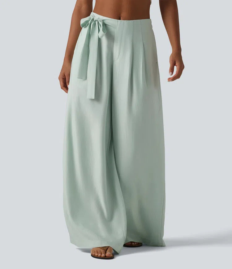 High Waisted Tie Side Baggy Linen-Blend Pants with Pockets