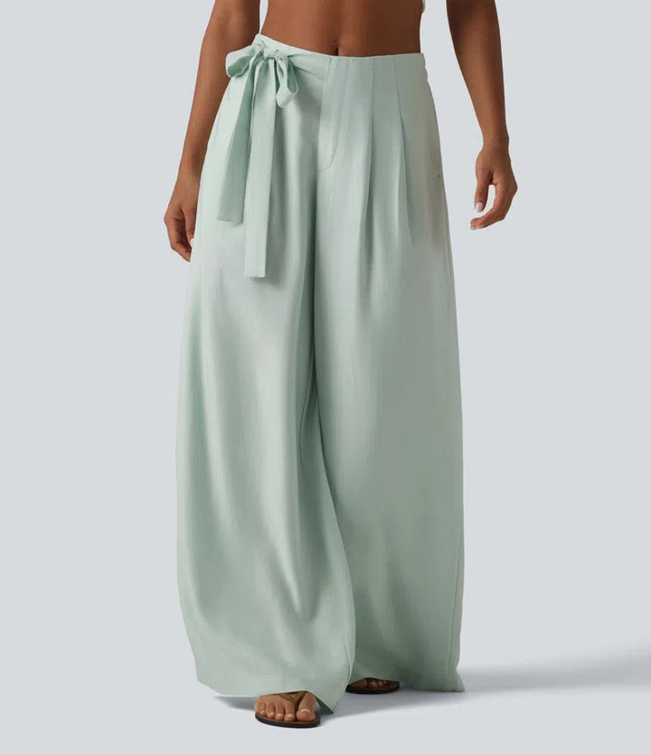 High Waisted Tie Side Baggy Linen-Blend Pants with Pockets
