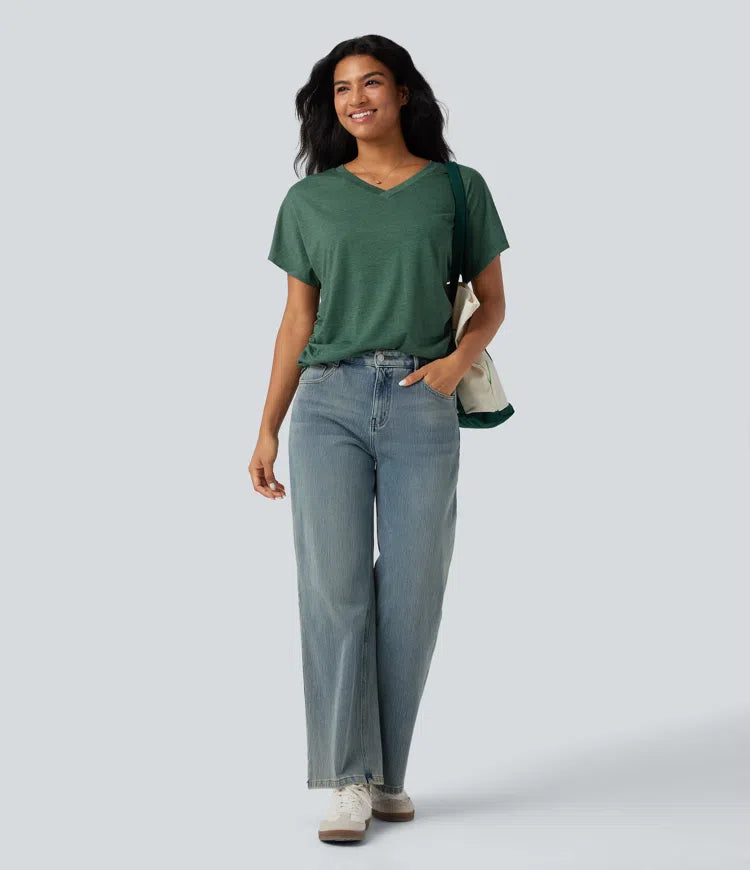 V-neck Short Sleeve Ruched Relaxed Casual Top