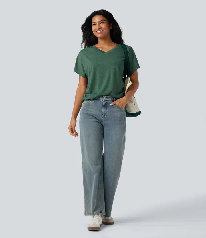 V-neck Short Sleeve Ruched Relaxed Casual Top