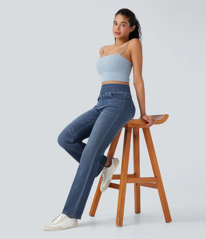 Halara Flex High Waisted Tummy Control Washed Casual Bootcut Jeans with Pockets