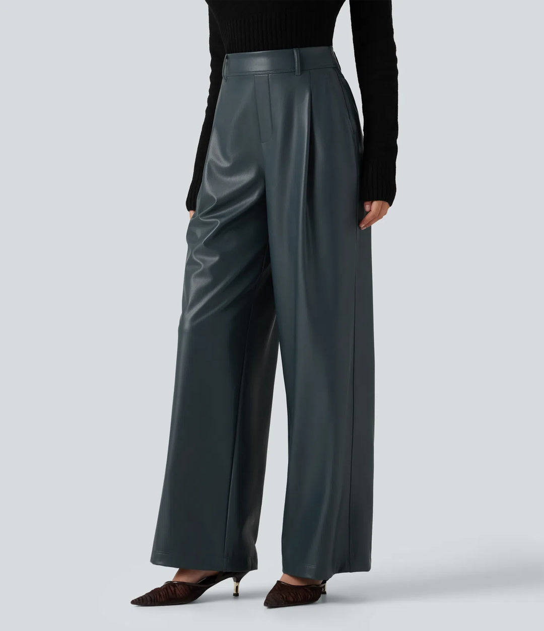 High Waisted Wide Leg Stretchy PU Fleece Casual Pants with Pockets