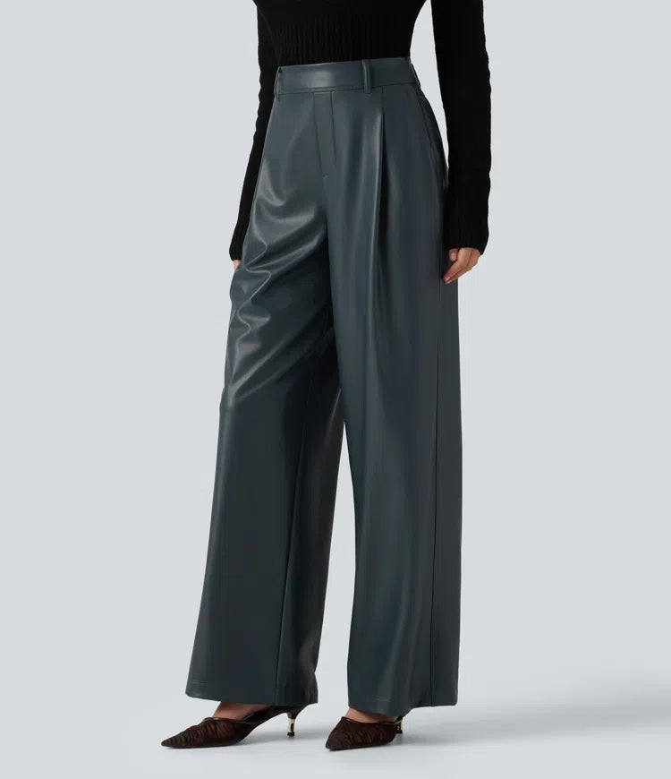High Waisted Wide Leg Stretchy PU Fleece Casual Pants with Pockets