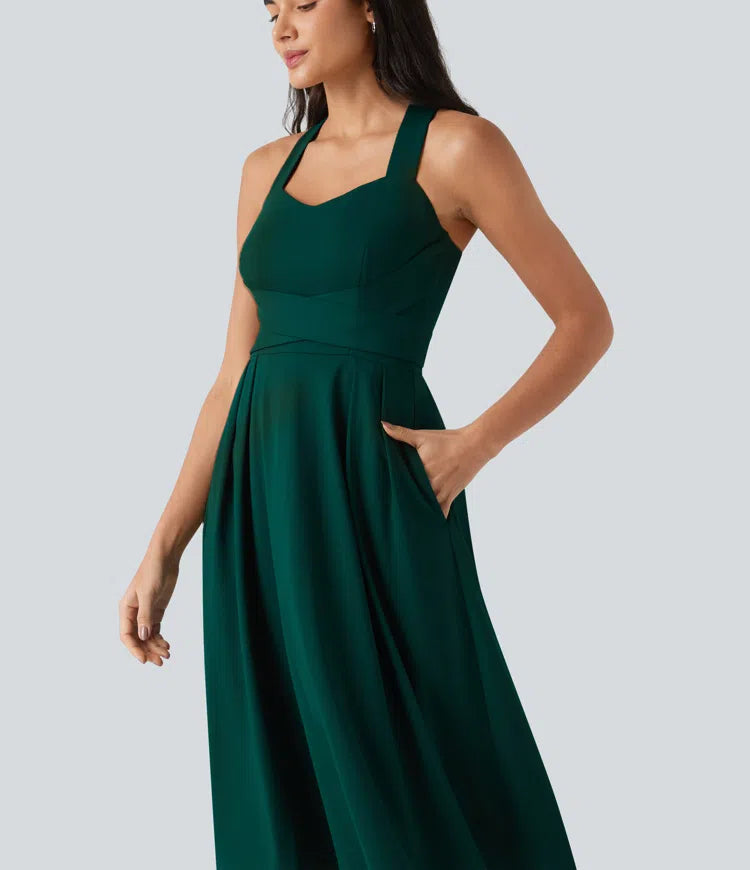 Sweetheart Neck Sleeveless Crisscross Tie-back Midi Casual Flowy Dress with Pockets