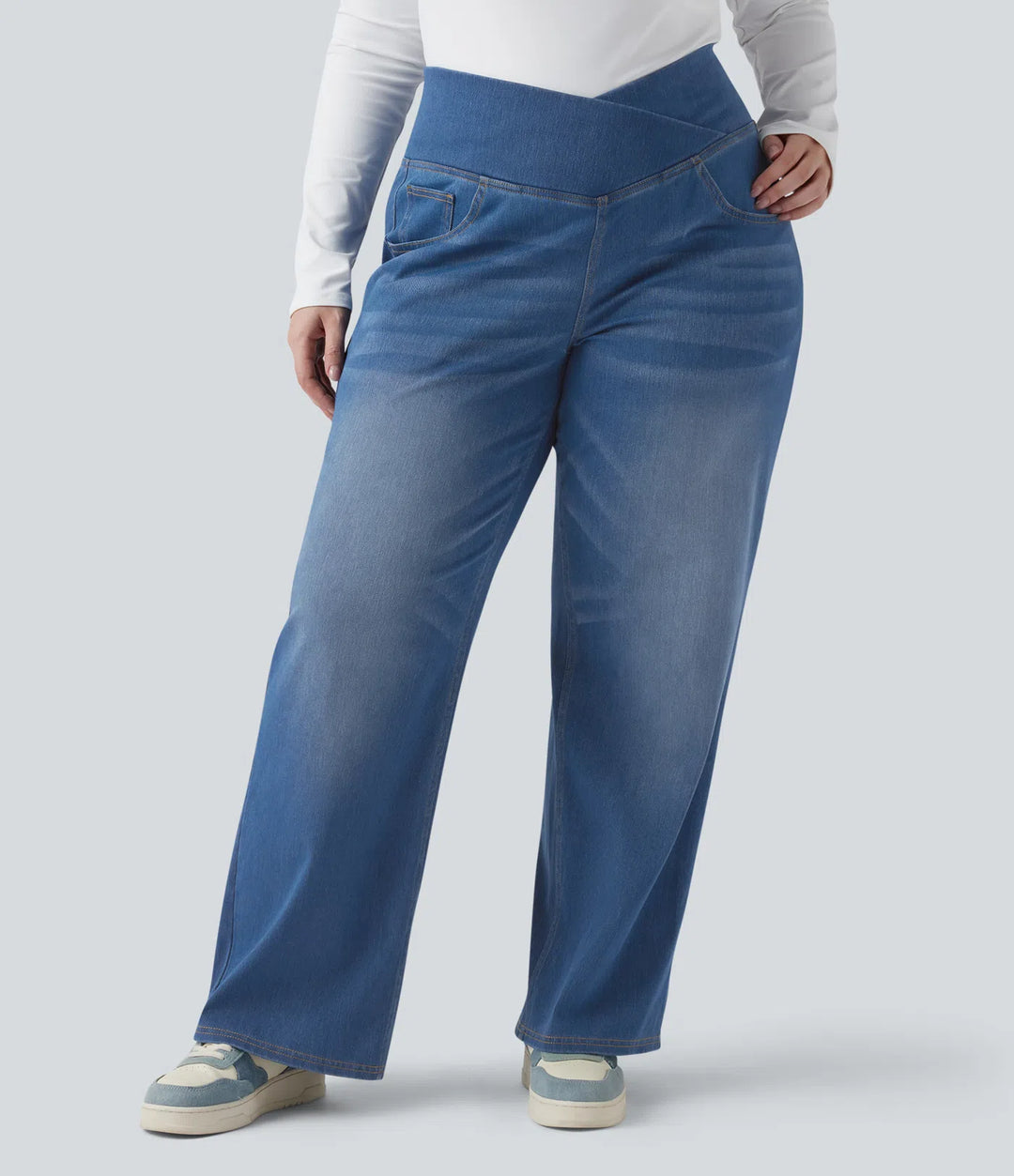 Halara Flex Crossover High Waisted Tummy Control Casual Straight Leg Plus Size Jeans with Pockets