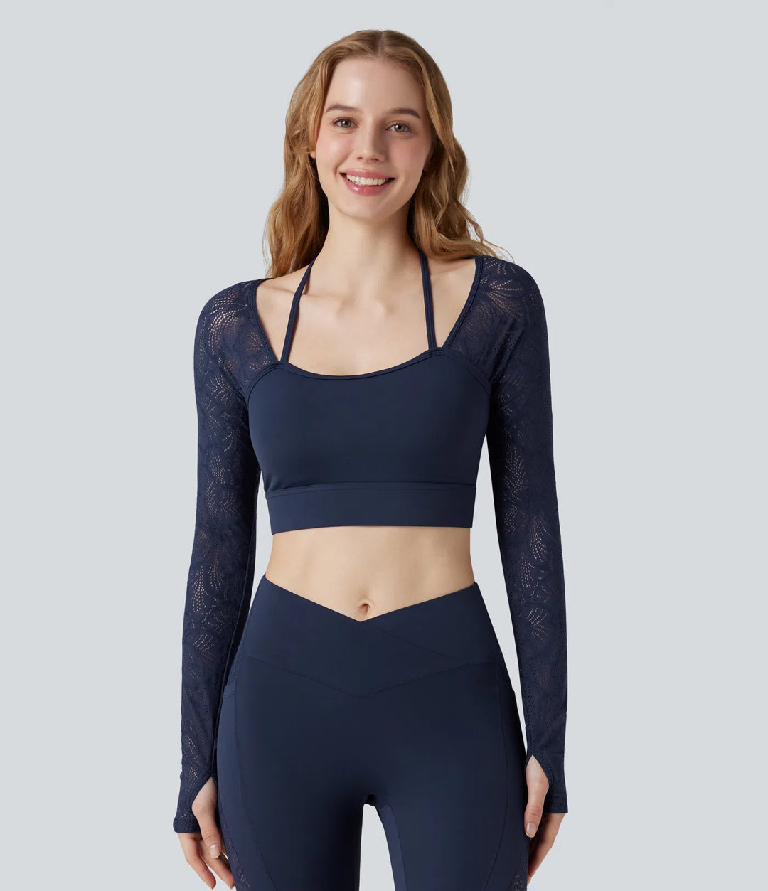 SoftlyZero Contrast Lace Halter Long Sleeve Thumb Holes Cropped Yoga Top