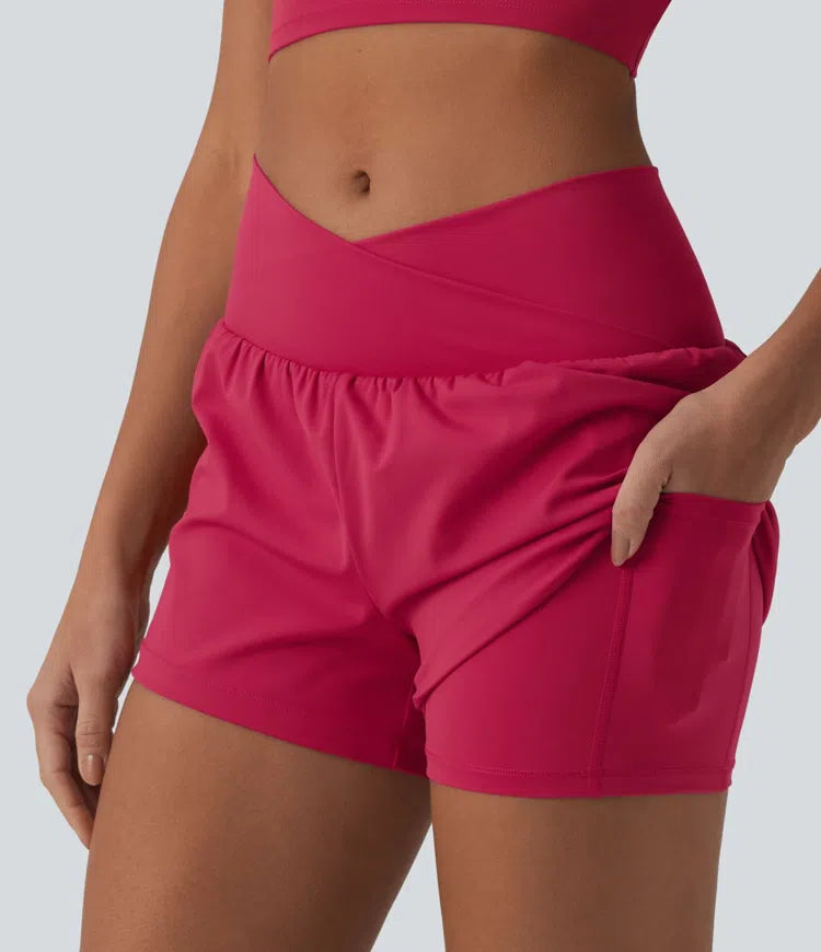 SoftlyZero Airy Crossover High Waisted 2-in-1 InstantCool Yoga Shorts 3&