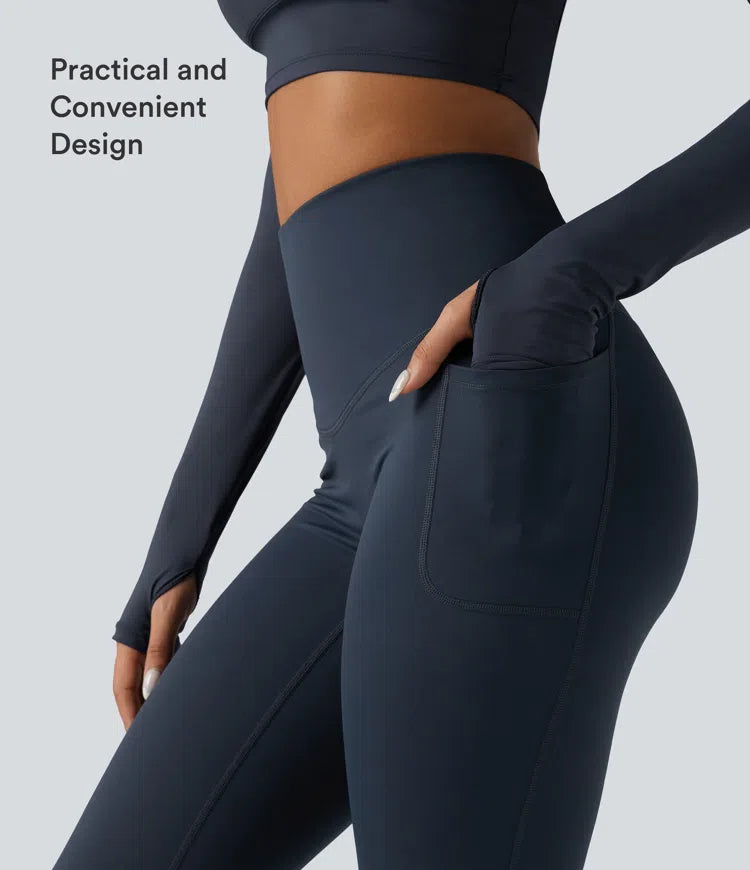 Halara Ultrasculpt Heat High Waisted Tummy Control Crossover Back Fleece Running Leggings with Pockets