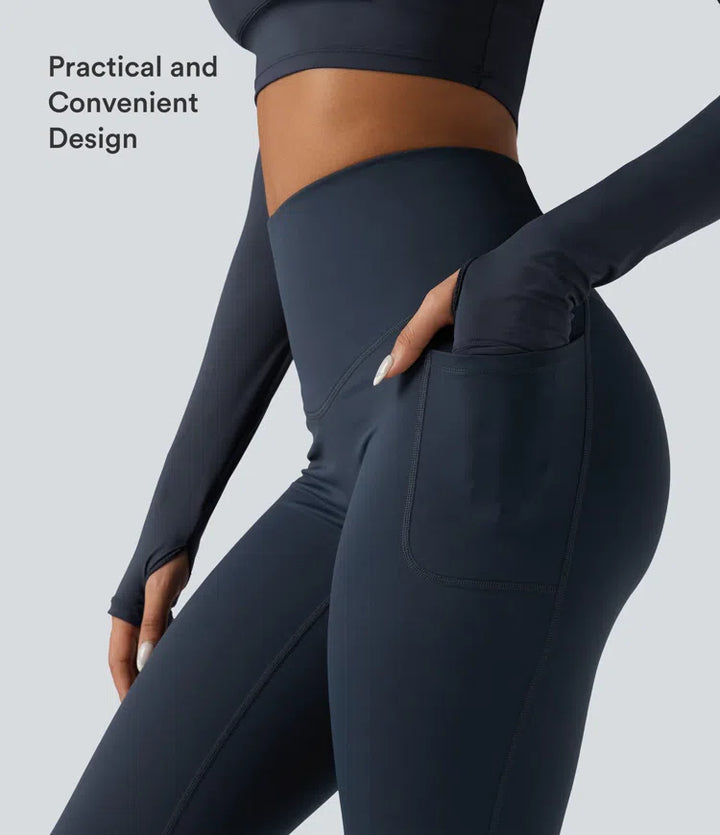Halara Ultrasculpt Heat High Waisted Tummy Control Crossover Back Fleece Running Leggings with Pockets