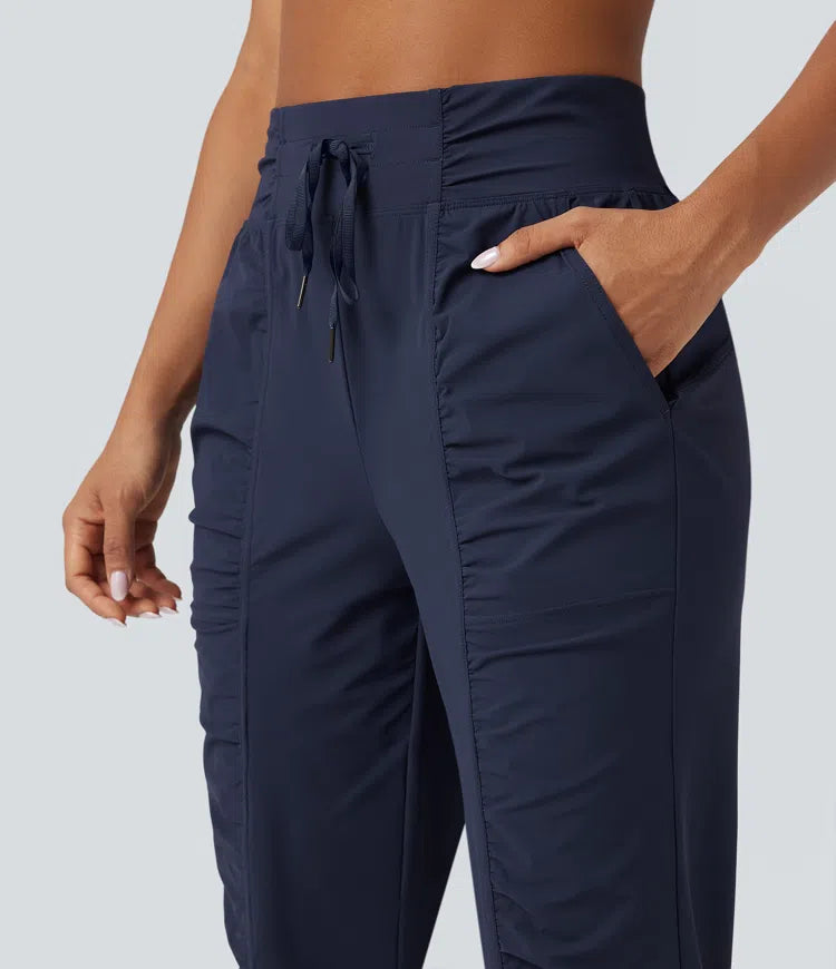 High Waisted Drawstring Ruched Tapered Quick Dry Cool Touch Dance Joggers with Pockets-UPF40+